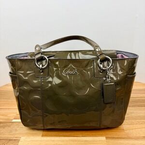 Coach Signature Embossed Patent Leather Tote Bag Olive Green Silver Hardware